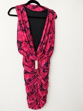 NWT JLUXLABEL Magenta Floral Ruched Mesh Midi Dress Size M